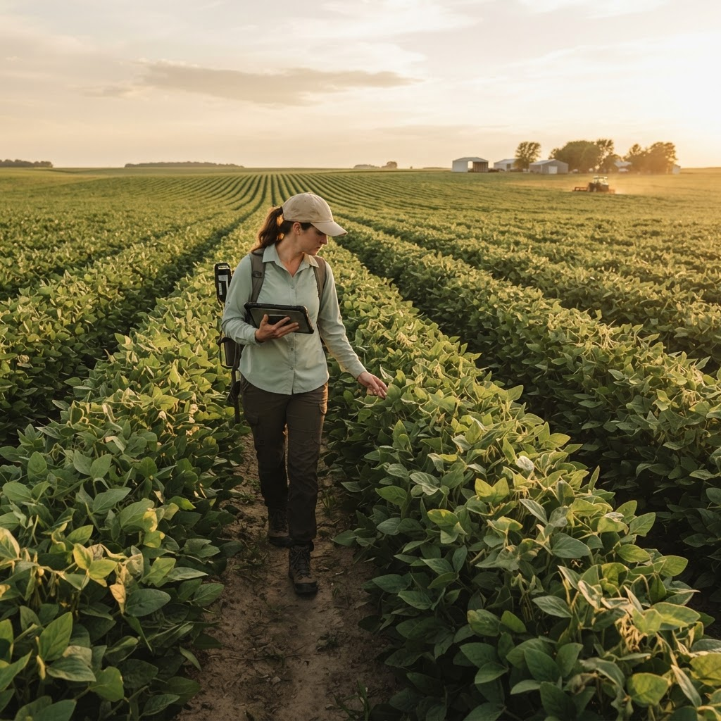 Técnico agrônomo caminhando por uma lavoura ao entardecer